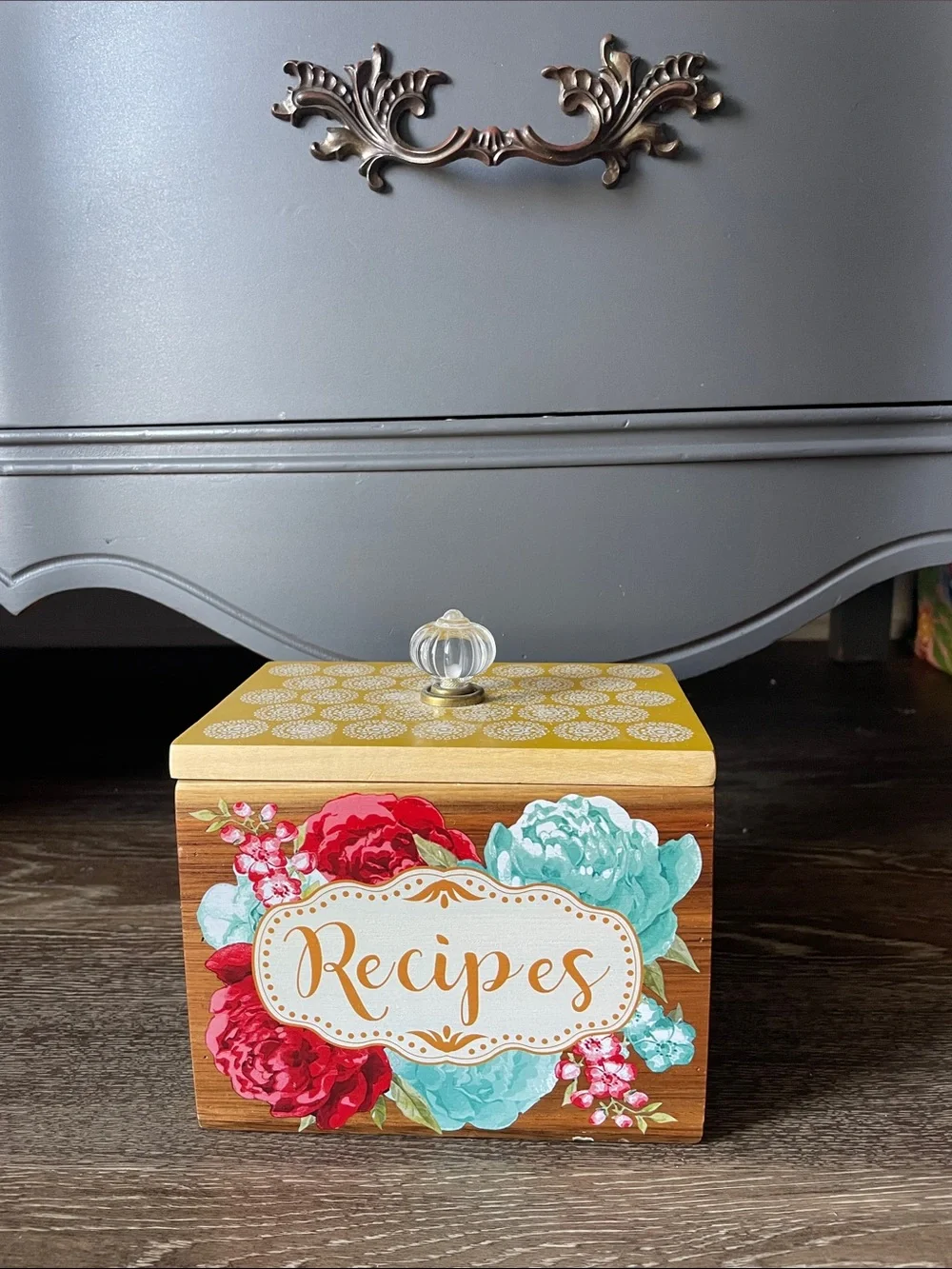 The Pioneer Woman Yellow Floral Recipe Box with Glass Knob